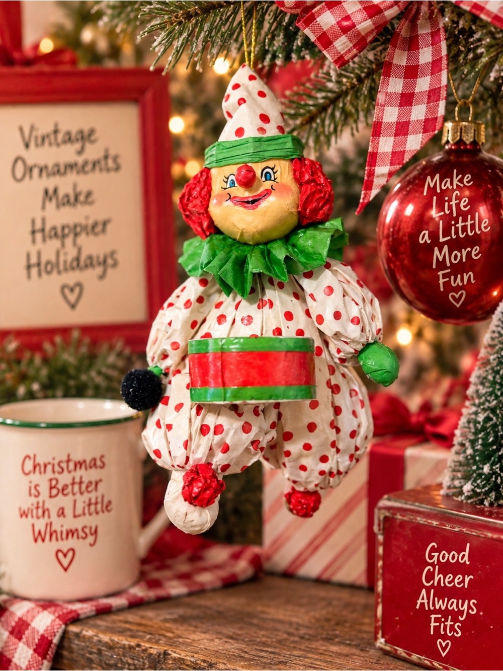 Vintage Papier Mache Polka Dot Clown Christmas Ornament with Drum 6"